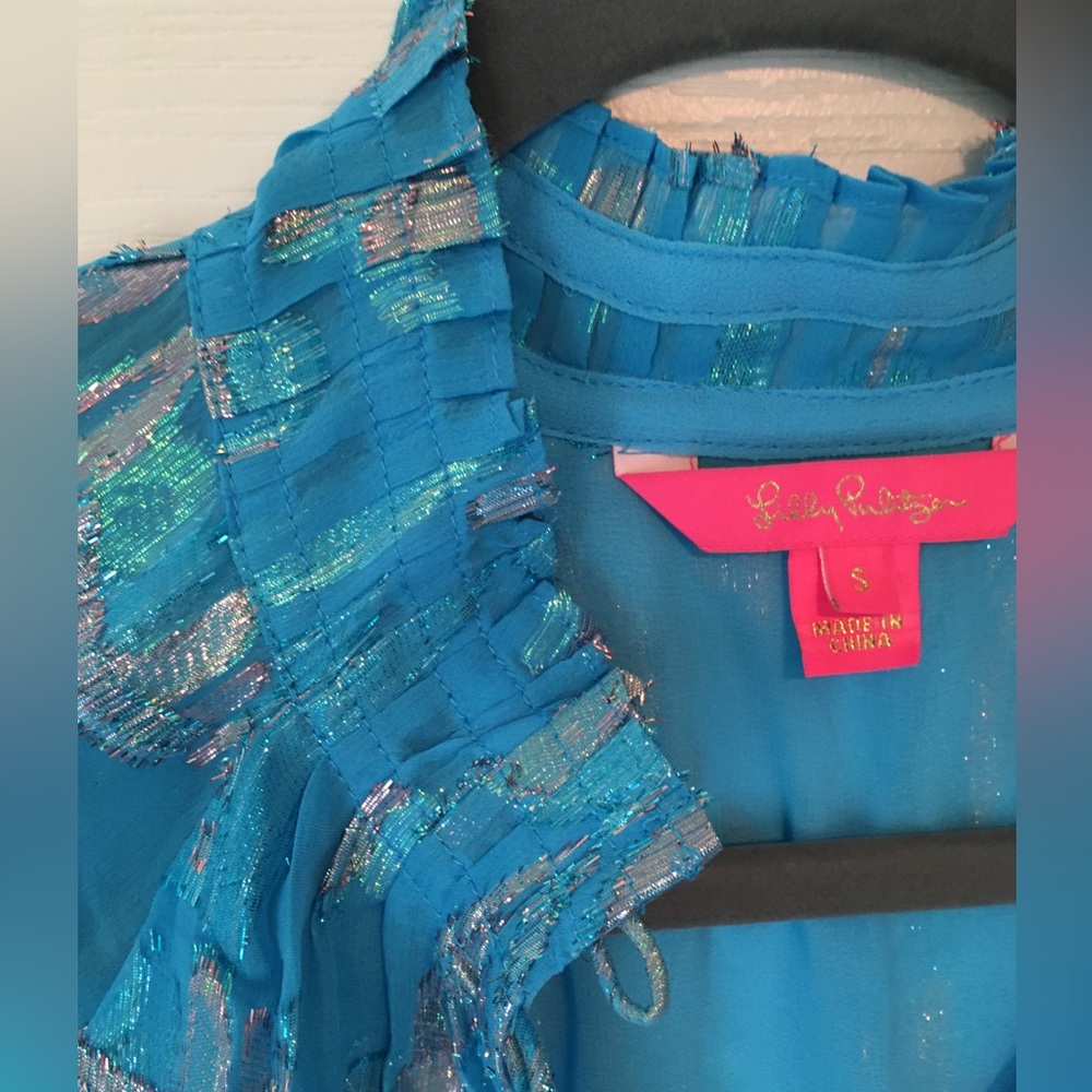 NWOT Lilly Pulitzer Galiana metallic turquoise blue silk blouse S - Picture 8 of 15
